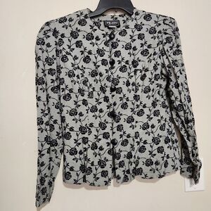 Prato Womens Blazer Size 8 Black Embroidered Floral Front Buttons